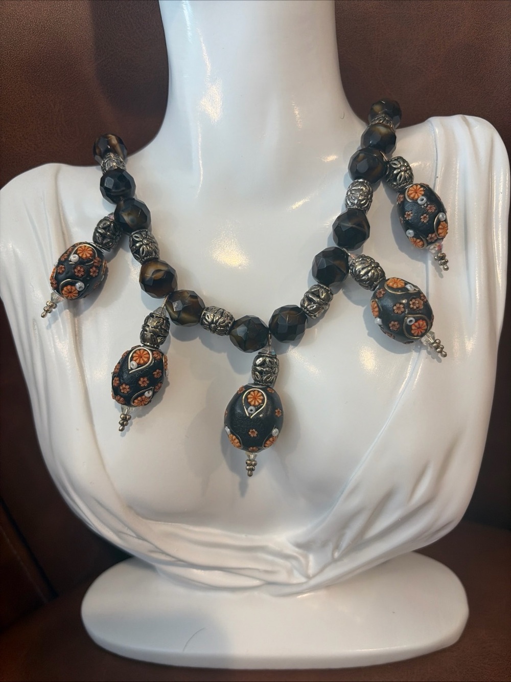 Vintage Beaded Necklace Textured Floral Witchy Boho Whimsigoth Tigers Eye - Picture 2 of 9